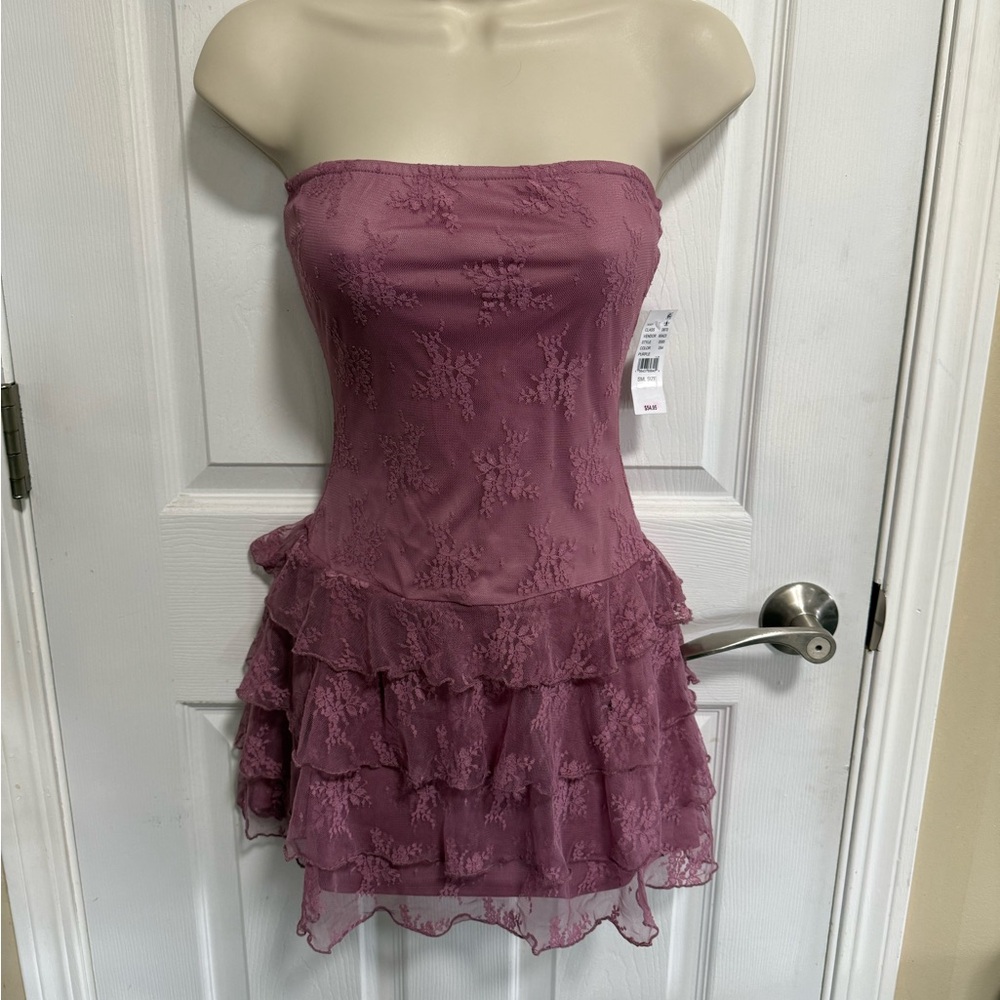 PacSun Strapless Mauve Lace Ruffle Mini Dress